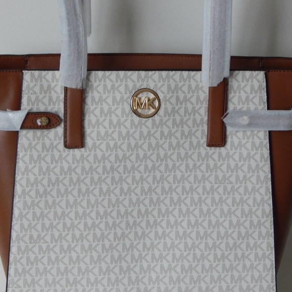 NWT MICHAEL KORS CARMEN MK Monogram LARGE TZ VANILLA BROWN Tote Shoulder Bag… - Picture 4 of 9